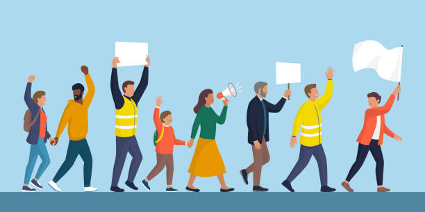 Group of diverse people protesting together, they are marching, holding signs and a flag: activism and justice concept